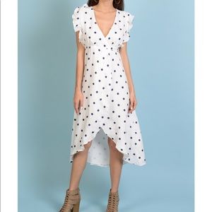 Essue dark navy and white polka dot wrap dress